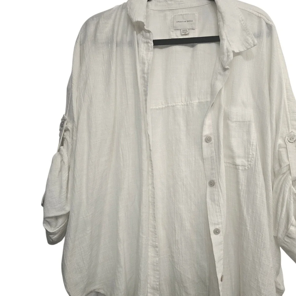 American Eagle White Oversized Button Up Shirt S Coastal Grandmother Beachy Boho